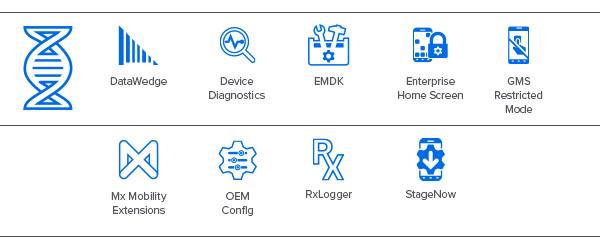 DNA 圖標：DataWedge、設(shè)備診斷、EMDK、企業(yè)主界面、GMS 受限模式、Mx Mobility Extensions、OEM 配置、Rx Logger、StageNow