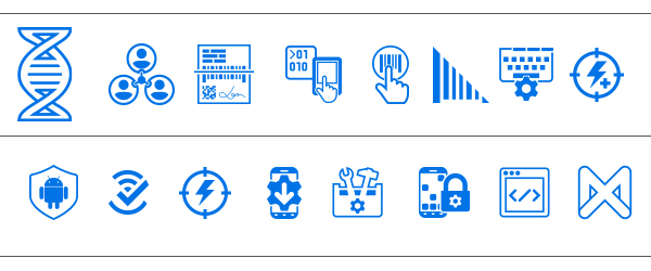Mobility DNA 軟件圖標(biāo)：All-Touch Terminal、Multi-Barcode Scanning、All-Touch TE、SWIPE Assist icon、DataWedge、Enterprise Keyboard、PowerPrecision+、LifeGuard for Android、WorryFree WiFi、PowerPrecision Console、StageNow、EMDK for Android and Xamarin、Enterprise Home Screen、Enterprise Browser、Mx Mobility Extensions