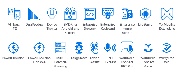 TC52X-HC 系列移動(dòng)數(shù)據(jù)終端 Mobility DNA 圖標(biāo)：All-touch TE、DataWedge、Device Tracker、EMDK for Android and Xamarin、Enterprise Browser、Enterprise Keyboard、Enterprise Home Screen、LifeGuard for Android、Mx Mobility Extensions、PowerPrecision+、PowerPrecision Console、Multi-Barcode Scanning、StageNow、Swipe Assist、PTT Express、Workforce Connect PTT Pro、Workforce Connect Voice、WorryFree WiFi