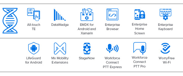 VC8300 10 英寸車載數(shù)據(jù)終端 Mobility DNA 圖標(biāo)：All-touch TE、DataWedge、EMDK for Android and Xamarin、Enterprise Browser、Enterprise Home Screen、Enterprise Keyboard、LifeGuard for Android、Mx Mobility Extensions、StageNow、Workforce Connect PTT Express、Workforce Connect PTT Pro、WorryFree Wi-Fi